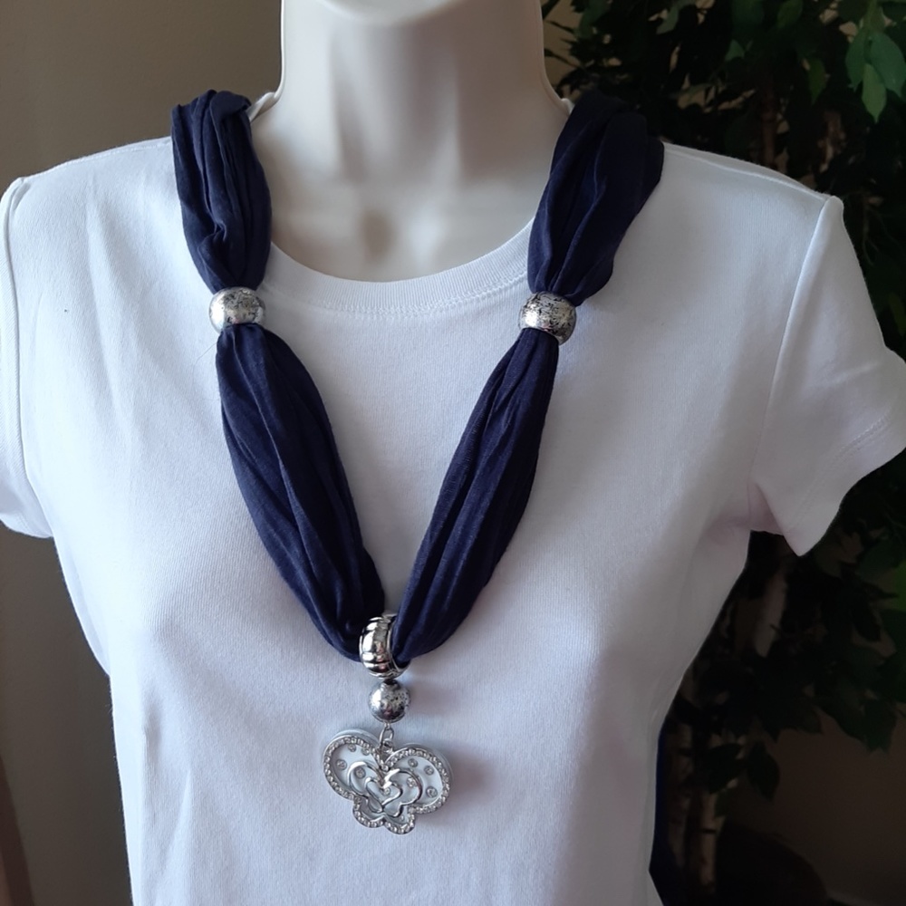 Scarf, neck, navy blue with embellishment